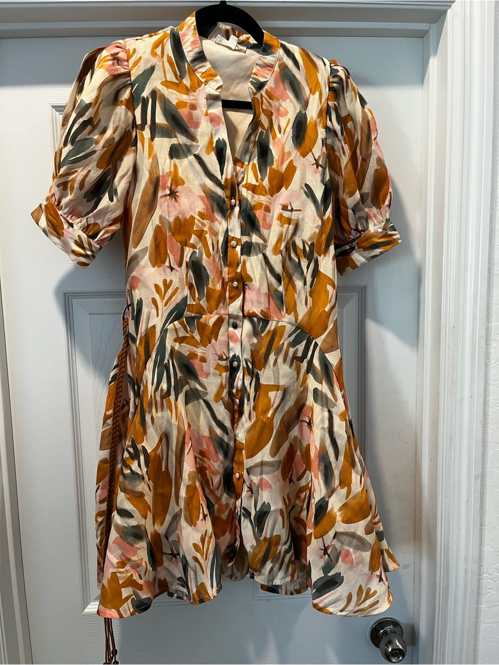 Floral Tie-Waist Short Dress in Mustard and Pink - Picture 5 of 5